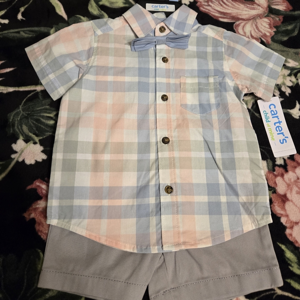 Carter's Child of Mine Pastel Plaid Shirt and Gray Shorts